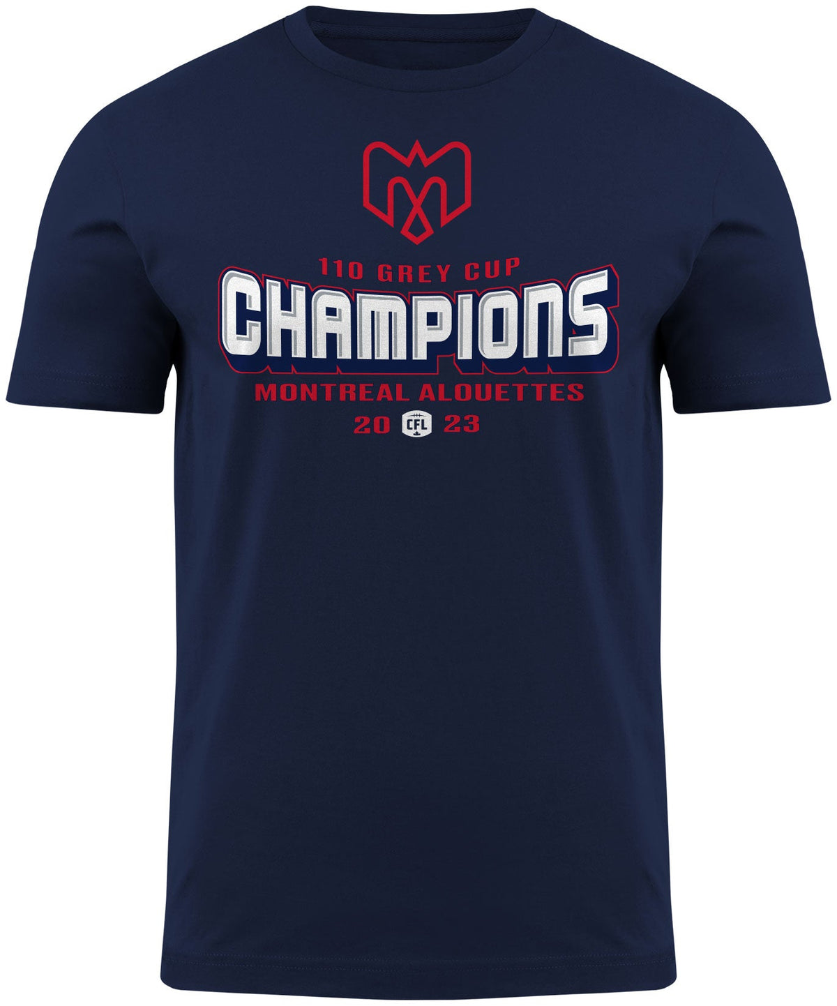 Montreal Alouettes CFL Bulletin Men Navy 2023 Grey Cup Champions T-Shirt product image 1, provided for visual reference and