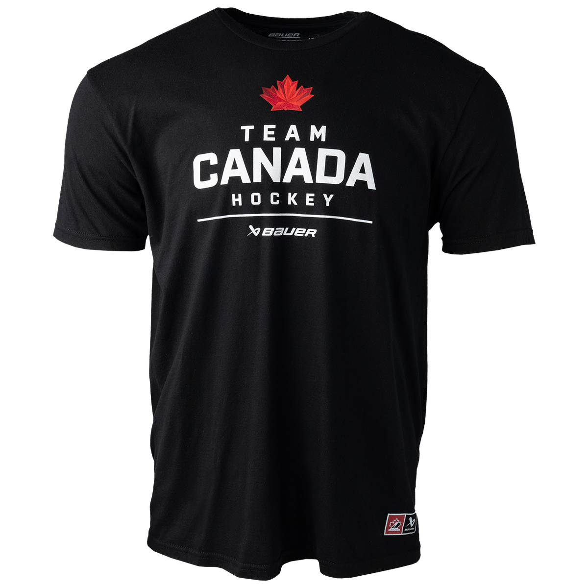 Hockey Canada IIHF Bauer Men Black Stacked T-Shirt product image 1, provided for visual reference and product detail review