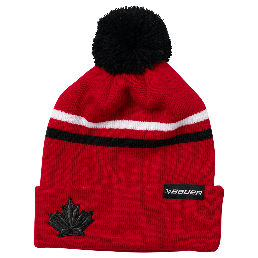 Hockey Canada IIHF Bauer Men Red Striped Cuff Pom Knit product image 1, provided for visual reference and product detail
