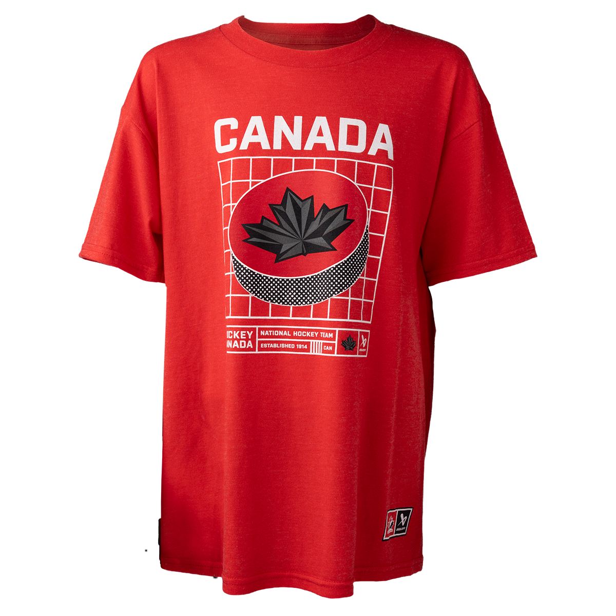 Hockey Canada IIHF Bauer Youth Red Puck T-Shirt product image 1, provided for visual reference and product detail review