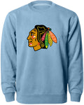 Chicago Blackhawks NHL Bulletin Men Light Blue Twill Logo Express Crew Sweater product image 1, provided for visual