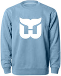 Hartford Whalers NHL Bulletin Men Light Blue Twill Logo Express Crew Sweater product image 1, provided for visual reference