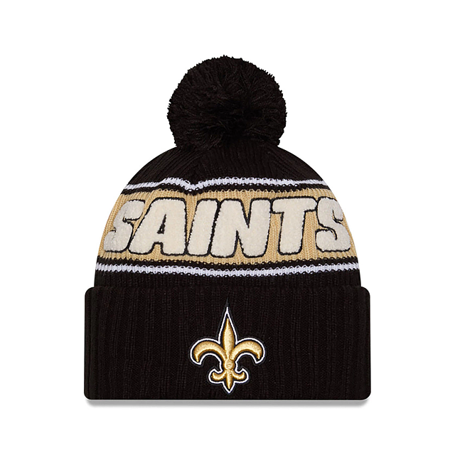 New Orleans Saints NFL New Era Men Black 2024 Sideline Sport Knit Pom Hat product image 1, provided for visual reference and