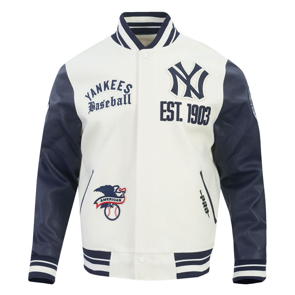 New York Yankees MLB Pro Standard Men Eggshell/Navy Modern Originals Rib Wool Varsity Jacket product image 1, provided for