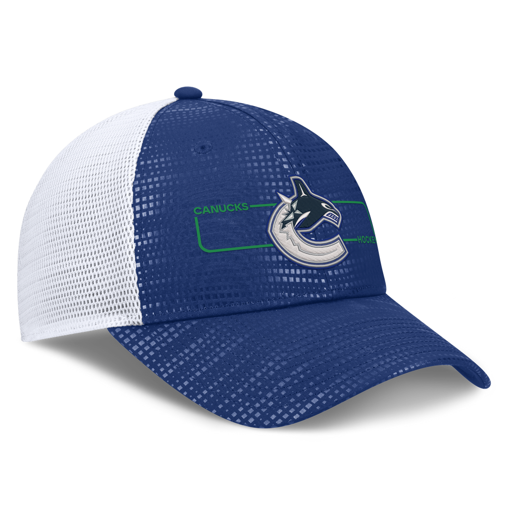 Vancouver Canucks NHL Fanatics Branded Men Royal Blue Authentic Pro Rink Boxed Logo Trucker Snapback product image 4,