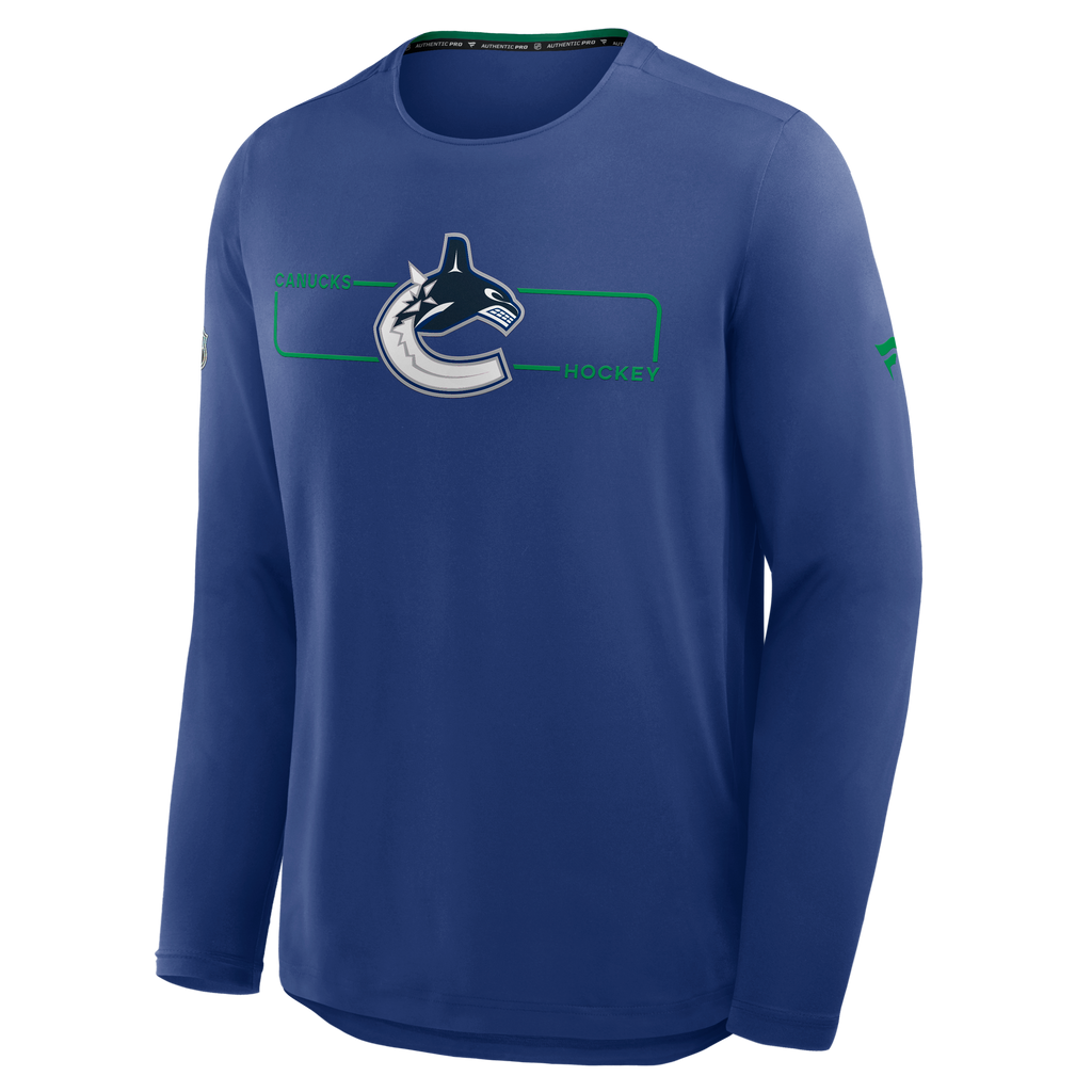 Vancouver Canucks NHL Fanatics Branded Men Royal Blue Authentic Pro Rink Tech Long-sleeve Shirt product image 1, provided