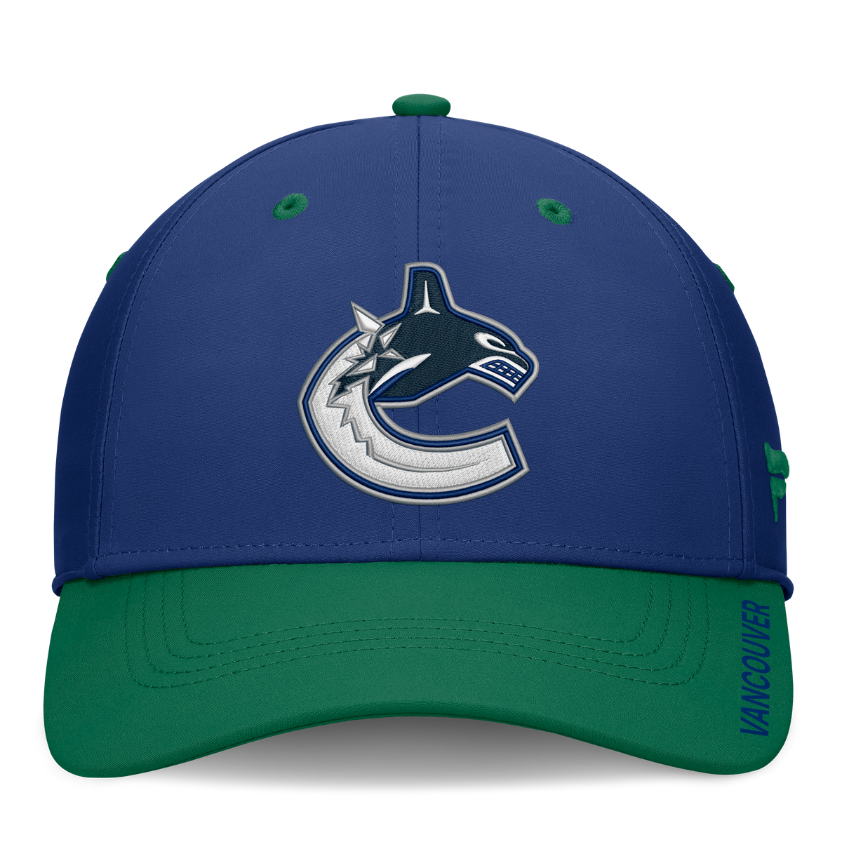 Vancouver Canucks NHL Fanatics Branded Men Royal Blue/Green Authentic Pro Rink Stretch Fit Hat product image 3, provided for