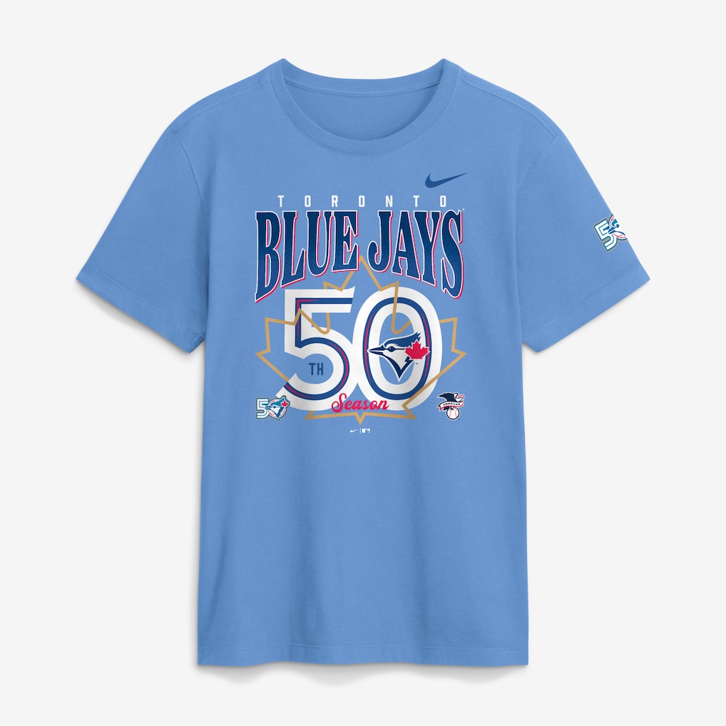 Toronto Blue Jays MLB Nike Men Light Blue 50th Anniversary Club T-Shirt product image 1, provided for visual reference and