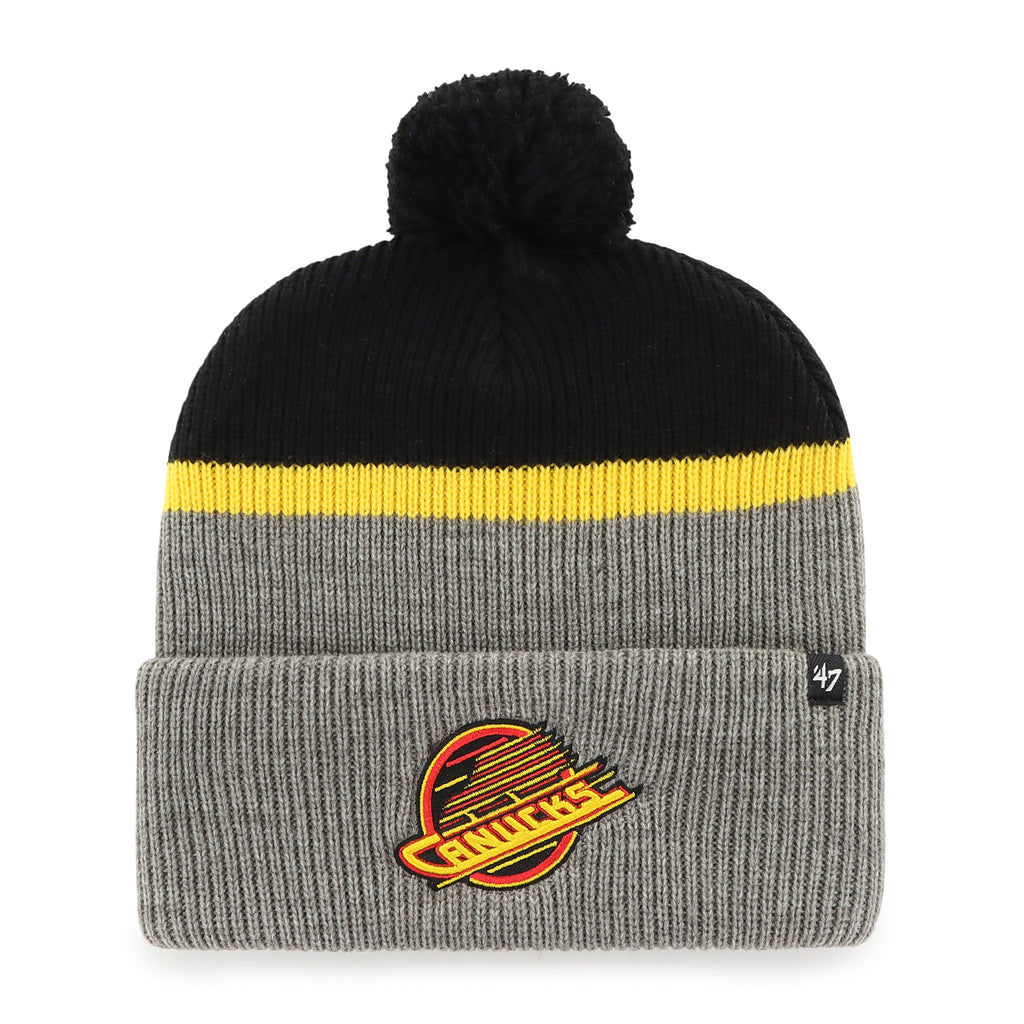 Vancouver Canucks NHL 47 Brand Men Black/Grey Split Shadow Cuff Pom Knit product image 1, provided for visual reference and