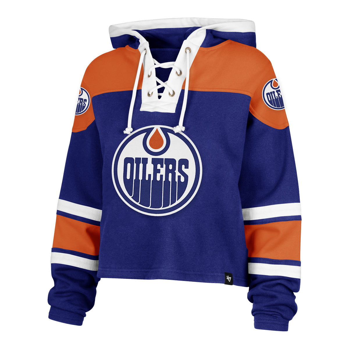 Edmonton Oilers NHL 47 Brand Women Royal Cropped Superior Lace Up Hoodie product image 1, provided for visual reference and