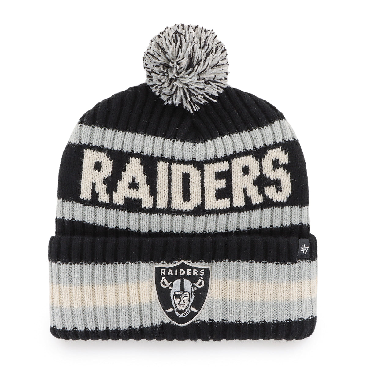 Las Vegas Raiders NFL 47 Brand Men Black/Grey Bering Cuff Pom Knit product image 1, provided for visual reference and