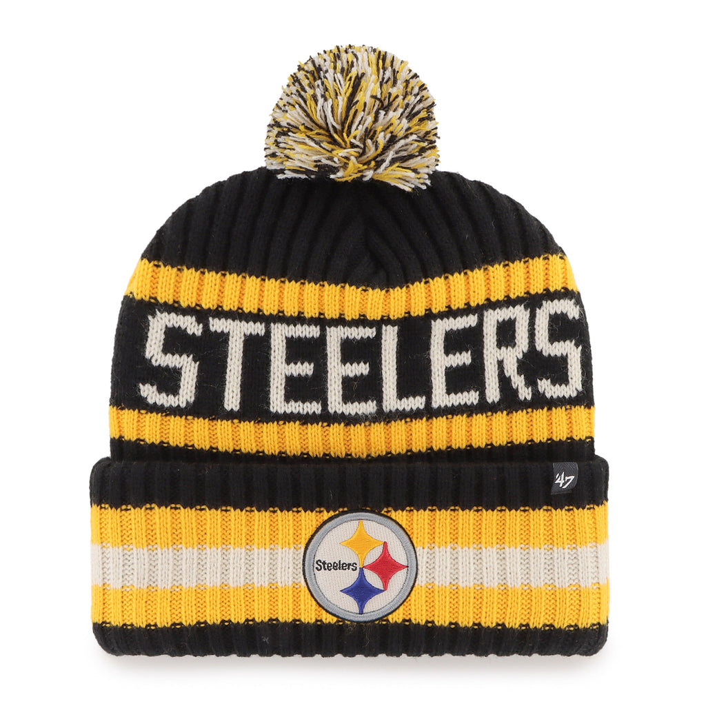 Pittsburgh Steelers NFL 47 Brand Men Black/Yellow Bering Cuff Pom Knit product image 1, provided for visual reference and