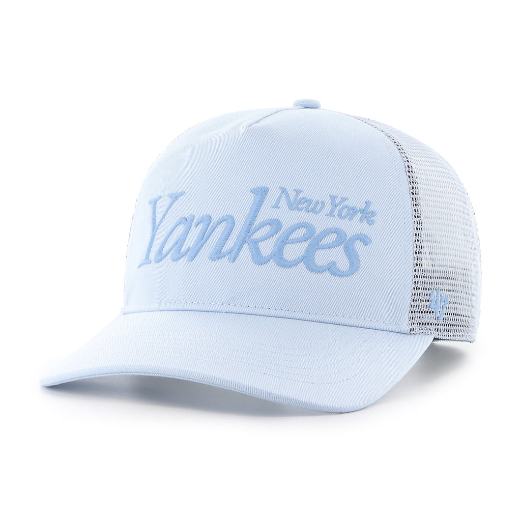 New York Yankees MLB 47 Brand Men Light Blue Foundation Script Hitch Snapback Hat product image 1, provided for visual