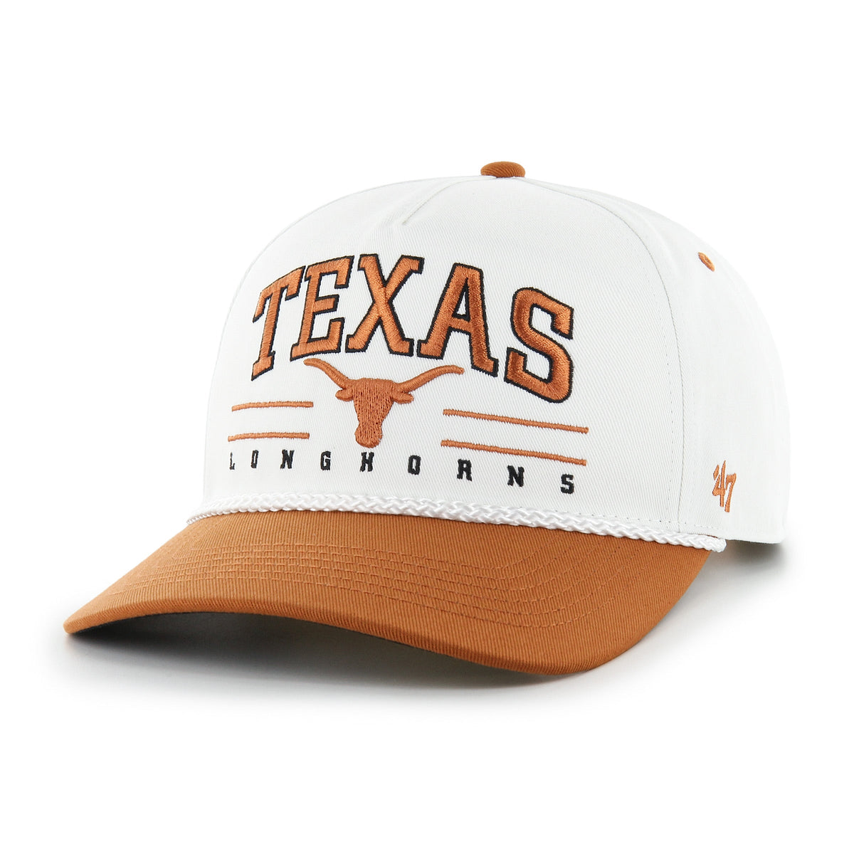 Texas Longhorns NCAA 47 Brand Men White Roscoe Rope Two Tone Hitch Snapback Hat product image 1, provided for visual
